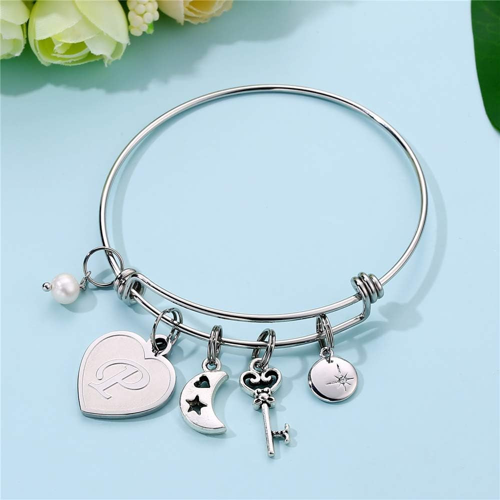 Initial Charm Bracelets for Women Gifts - Engraved 26 Letters Initial Charms Bracelet Stainless Steel Bangle Bracelet Birthday Christmas Jewelry Gift for Women Teen Girls