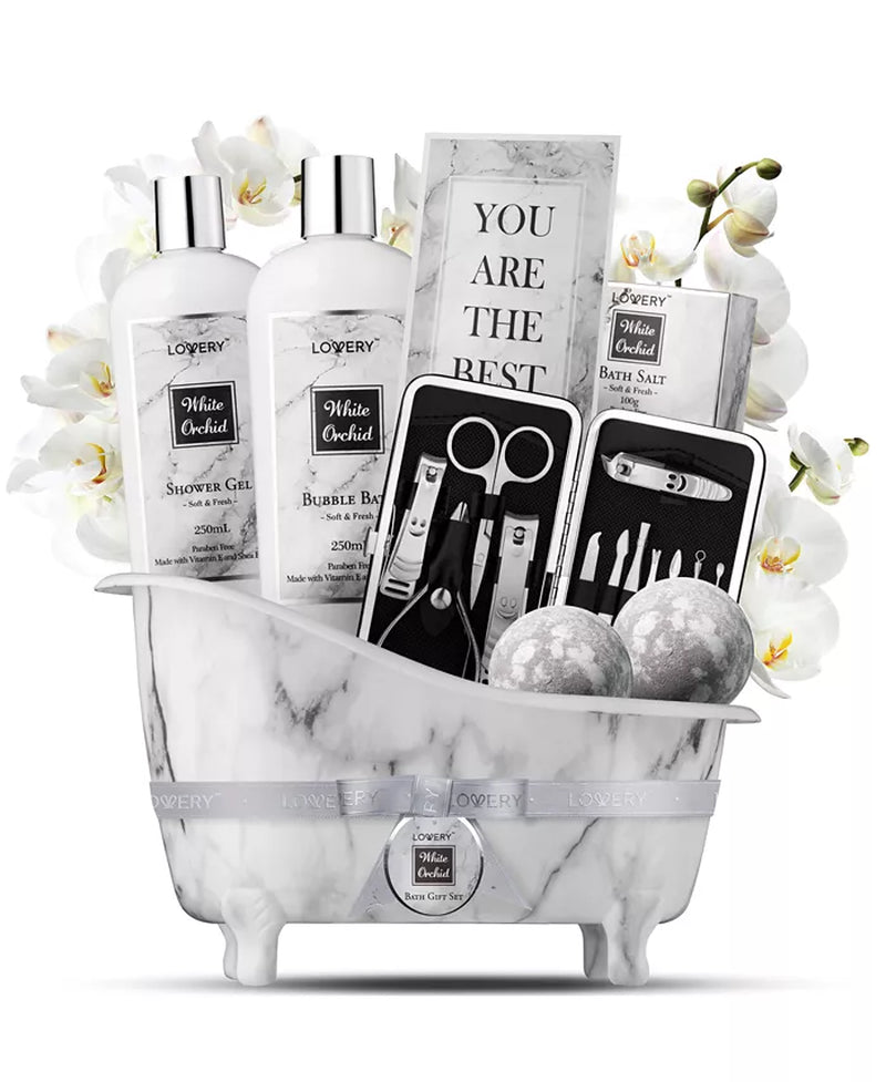 Self Care Gift Basket, White Orchid Care Package, Bath and Body Gift Set, Pampering Package, 20 Piece