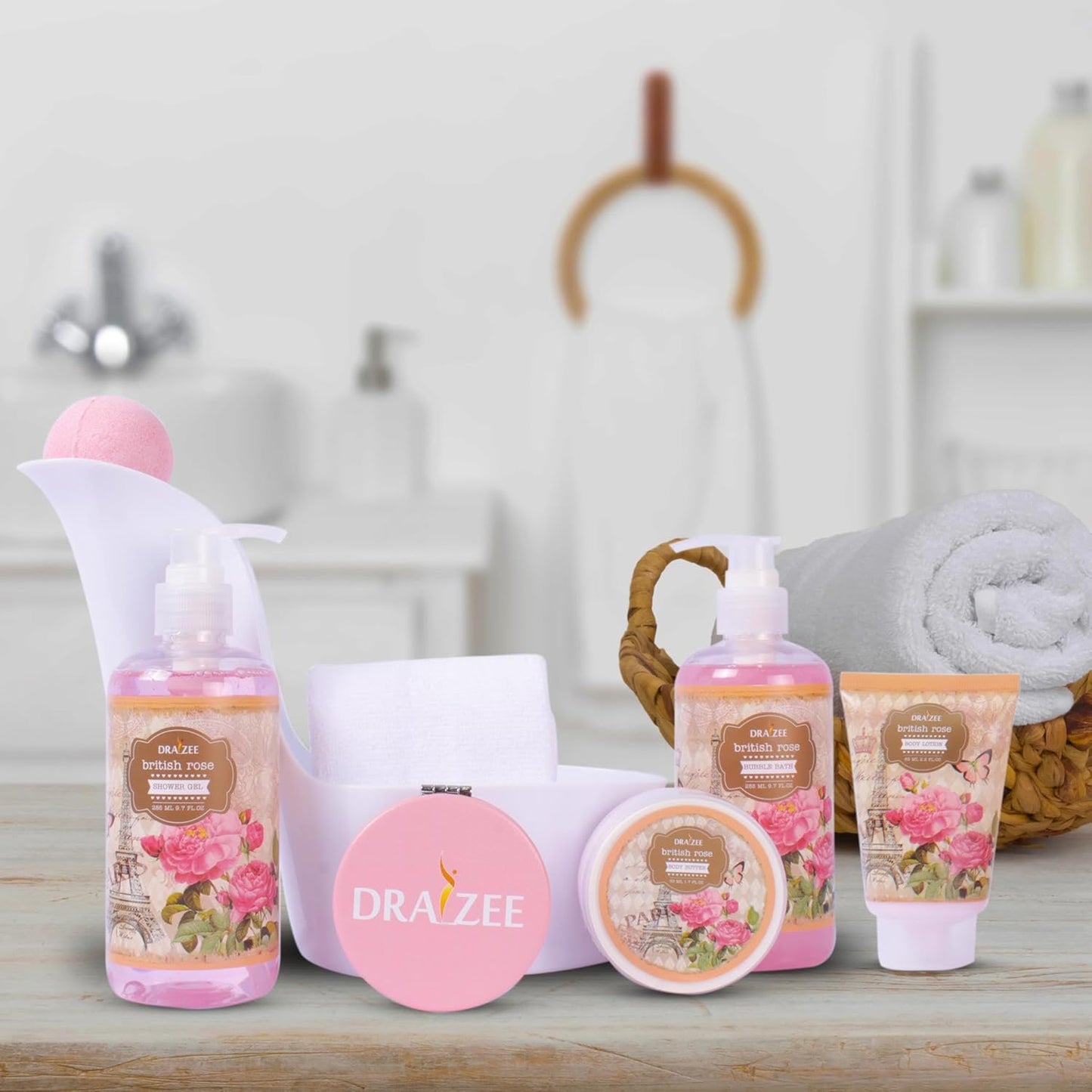 Valentine'S Day Gifts for Women - Luxury British Rose Scented Bath and Body Set of 8-Pcs Heel Shoe Spa Basket with Body Lotion, Butter, Shower Gel, Bubble Bath & More - Gift for Her, Mom by