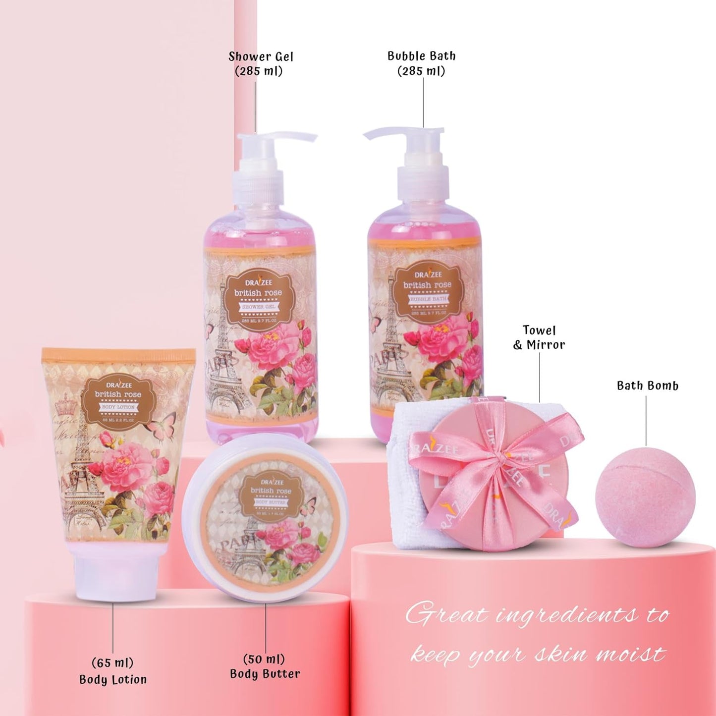 Valentine'S Day Gifts for Women - Luxury British Rose Scented Bath and Body Set of 8-Pcs Heel Shoe Spa Basket with Body Lotion, Butter, Shower Gel, Bubble Bath & More - Gift for Her, Mom by