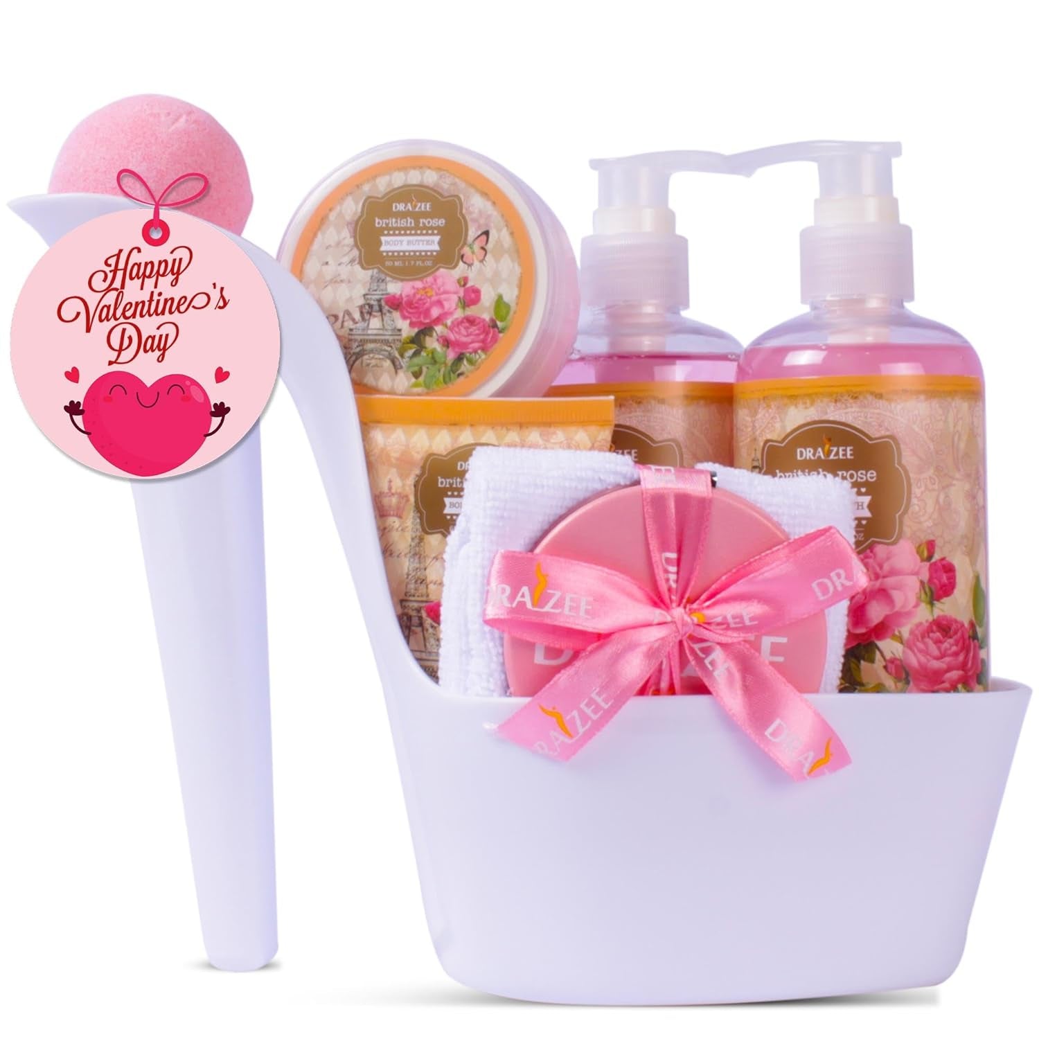 Valentine'S Day Gifts for Women - Luxury British Rose Scented Bath and Body Set of 8-Pcs Heel Shoe Spa Basket with Body Lotion, Butter, Shower Gel, Bubble Bath & More - Gift for Her, Mom by